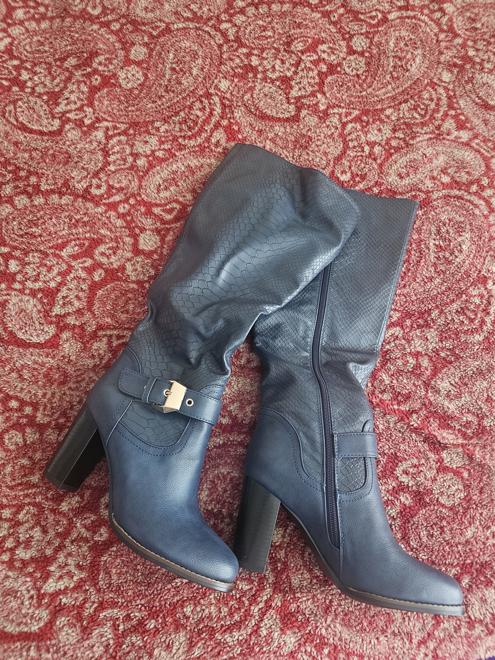 Women's Tall Navy Heeled Boots with Buckle Accent